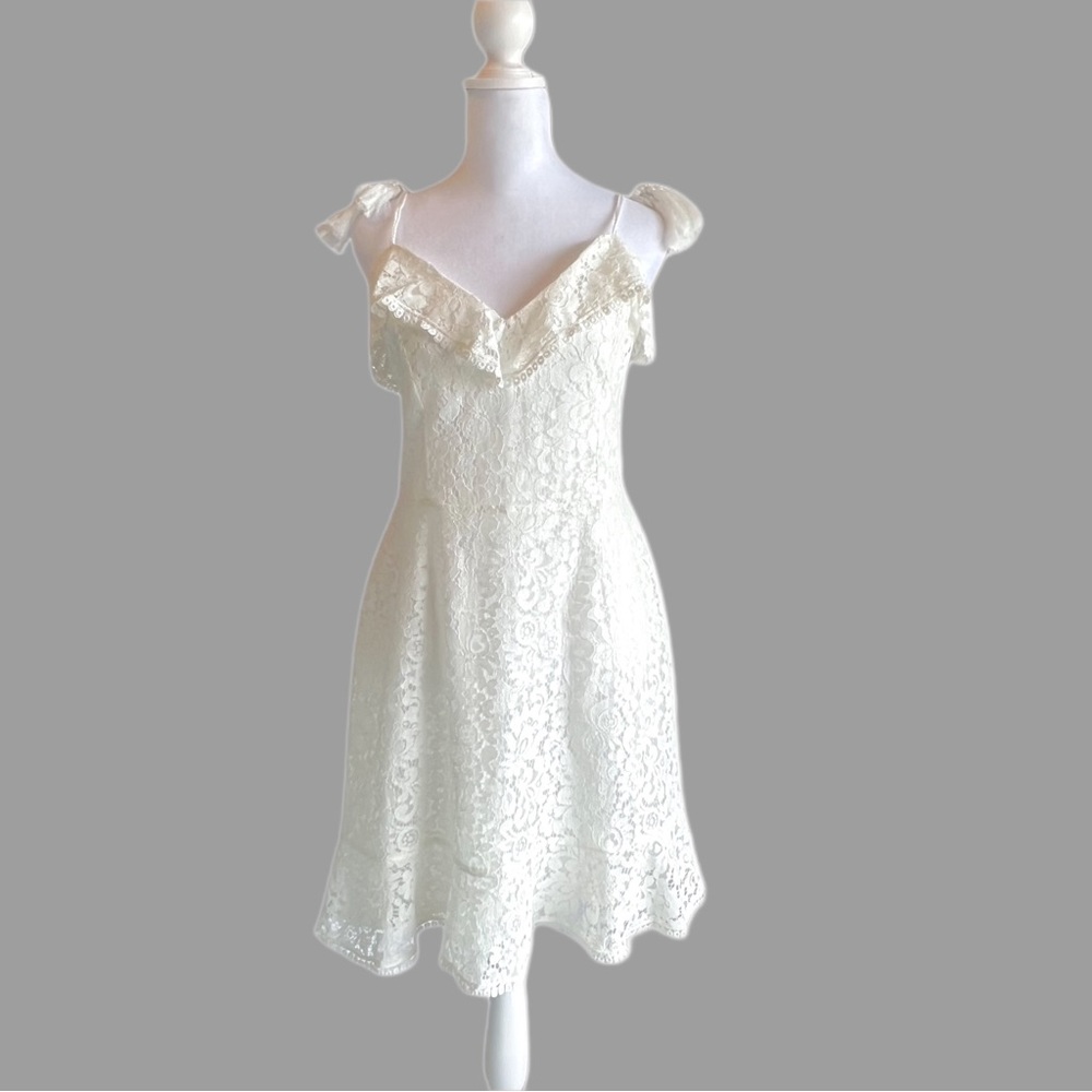 Cupcakes and Cashmere Lace Ruffle Mini Dress Flutter Hem Tassel Ties Whi…